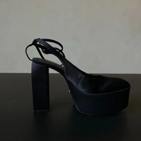 Zara Shoes Zara Round Toe Sheen Black Sling Back Heels Size